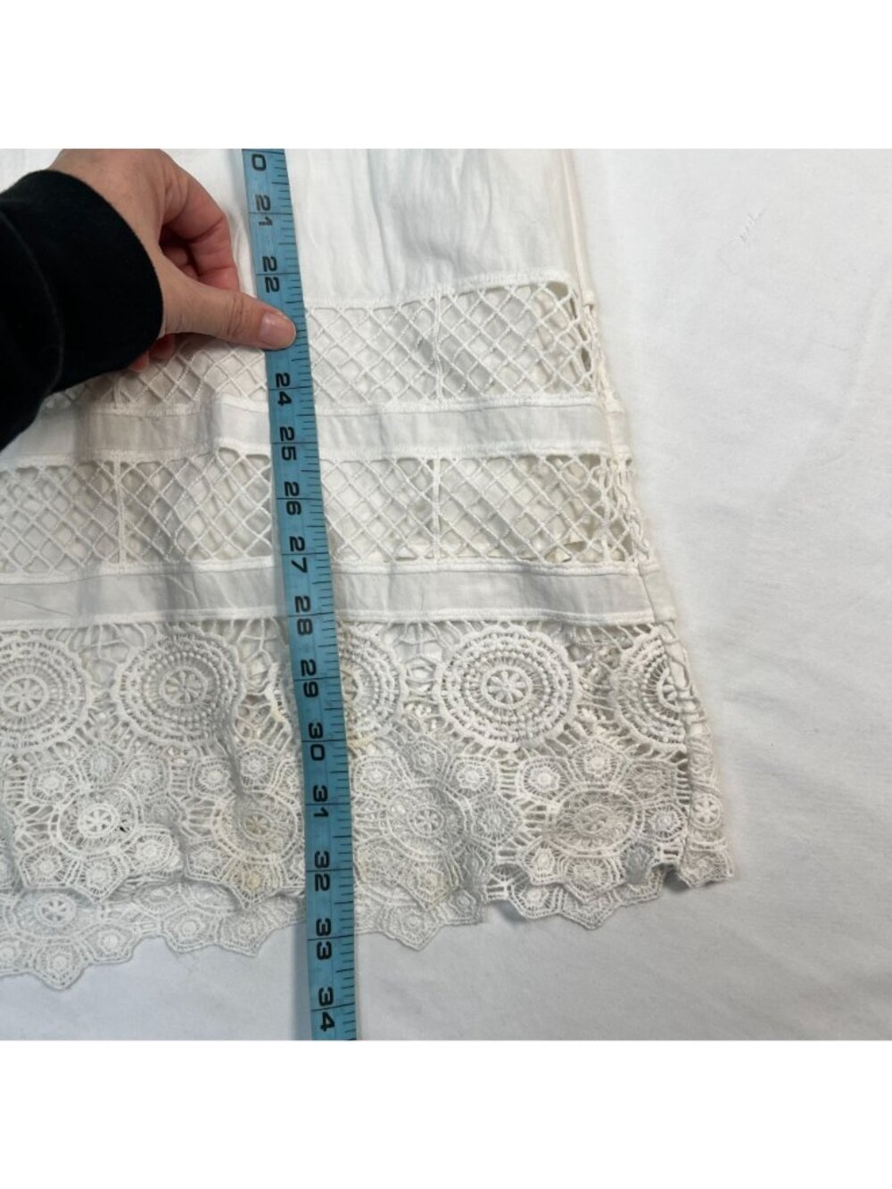 Alexis Lace Mini Dess Boho Bell Sleeve Striped Shift Ivory White  XS - Picture 6 of 11